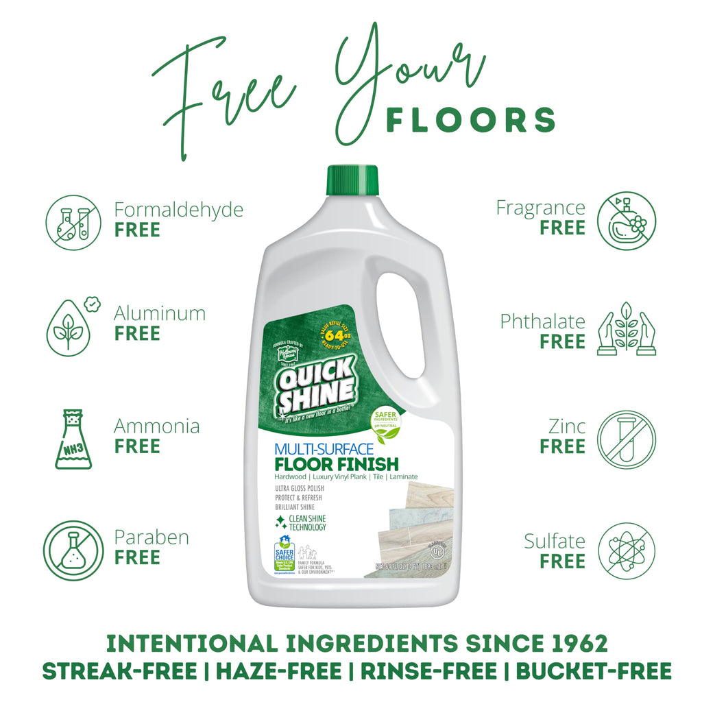 Quick Shine Multi-Surface Floor Finish-Polish 64oz-4pk | Safer Choice, No PFAS, pH Neutral Clean Shine Technology | Squirt & Spread | For Wood, Laminate, LVP, LVT, Tile & Stone | Made in USA