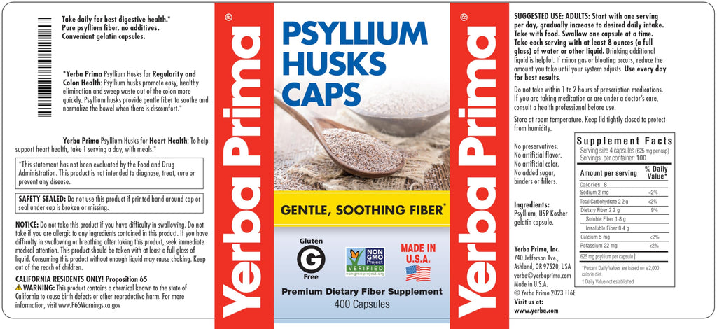 Yerba Prima Psyllium Husks Caps, 625 mg, 400 Capsules - Natural Fiber for Men and Women - Regularity Support Supplement
