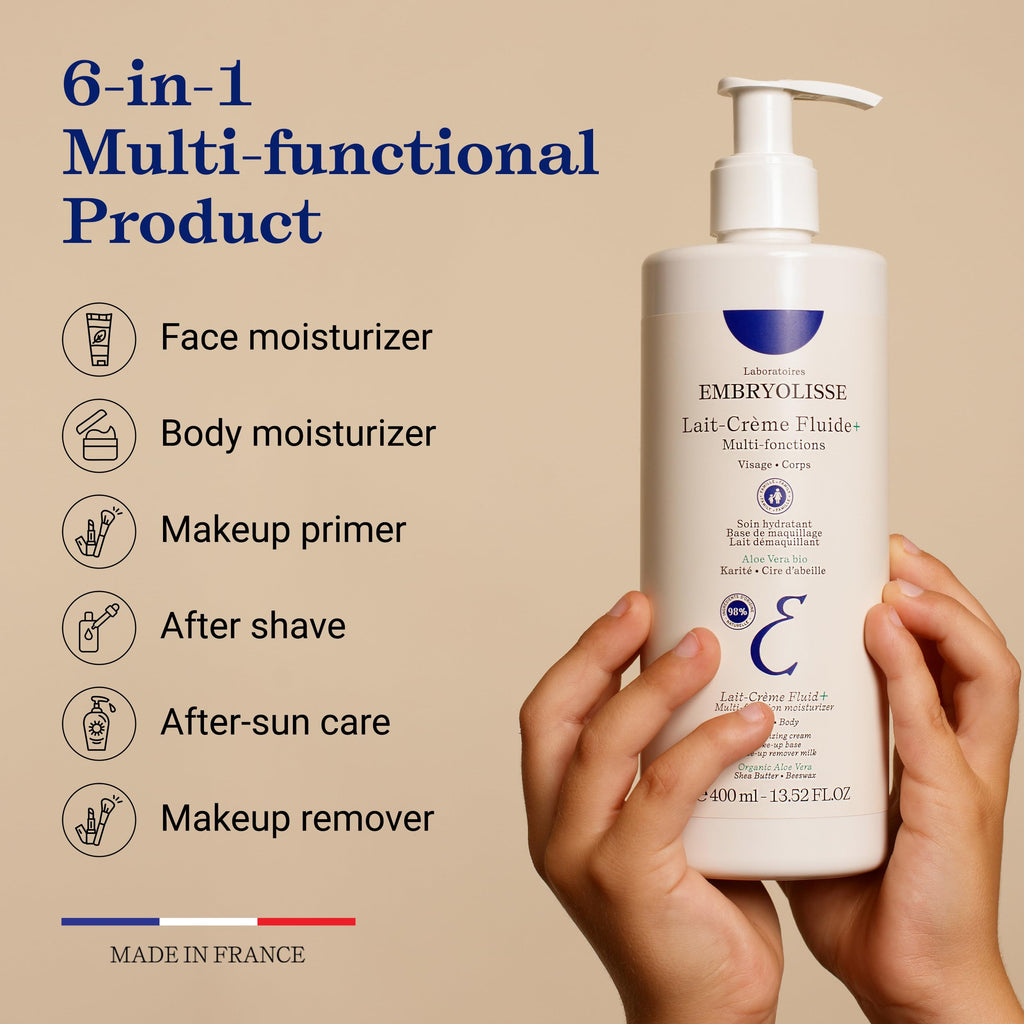 Embryolisse Lait Creme Fluid+ Face & Body Cream. Natural Lightweight Moisturizer for All Skin Types. Hydrating Lotion with Shea Butter & Aloe Vera, 2.54 Fl Oz