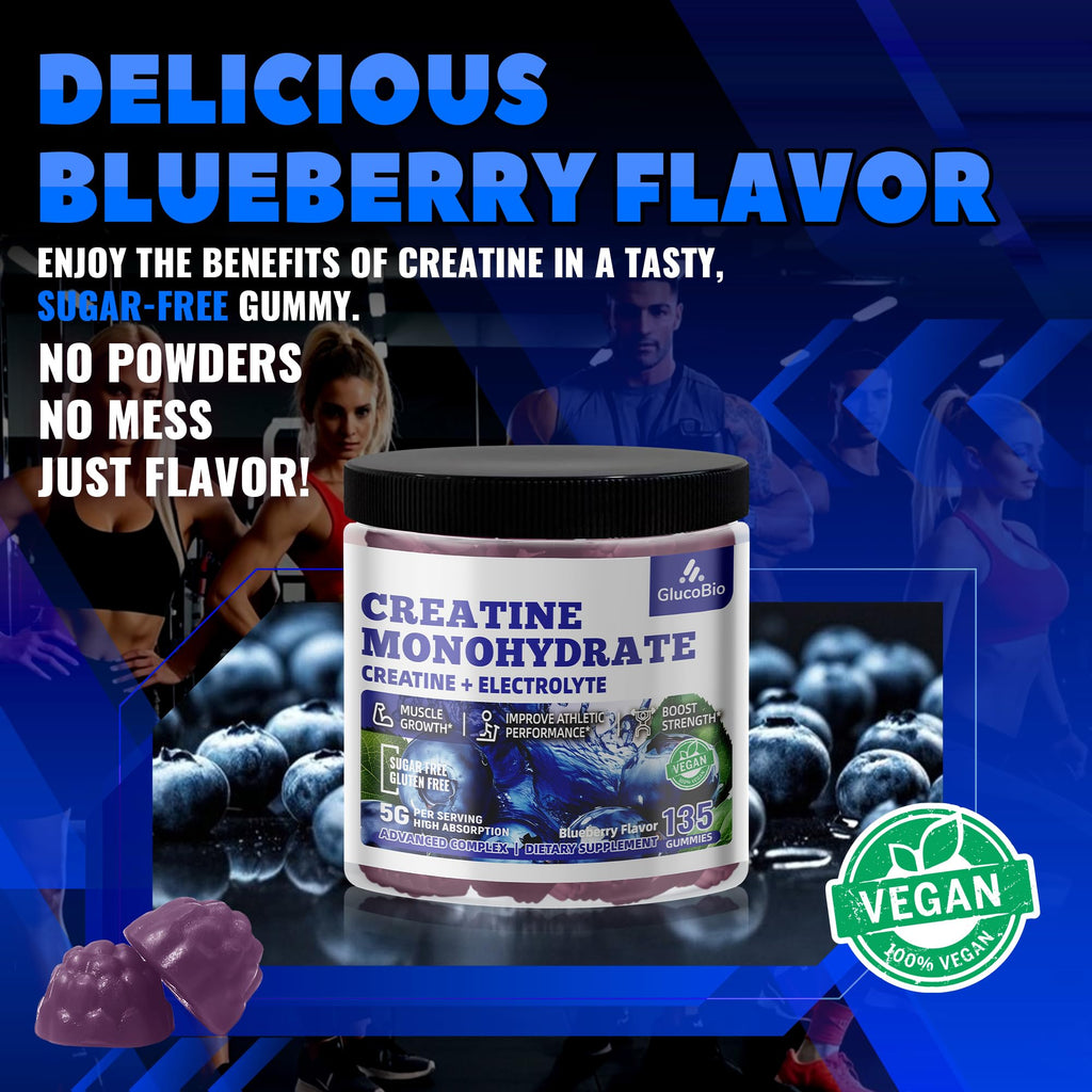 GlucoBio Creatine Monohydrate Gummies (5g) – Pre-Workout Energy & Muscle Growth Support for Men & Women | Blueberry Electrolyte Gummies (135 Count)