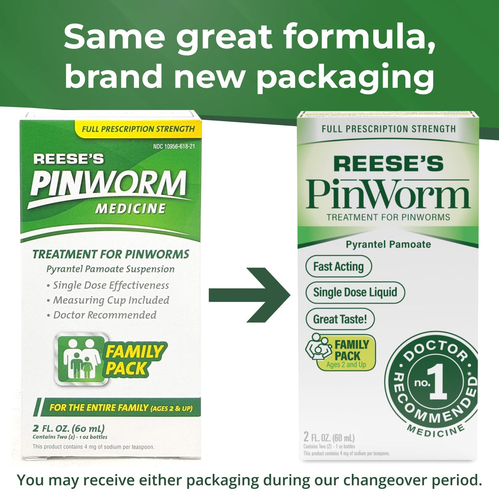 REESE'S PINWORM Medicine Liquid for Entire Family, Full Prescription Strength, 2 Oz, Pack of 2, #1 Doctor Recommended Single Dose Pyrantel Pamoate Dewormer for Adults & Kids Ages 2+, Banana Flavor