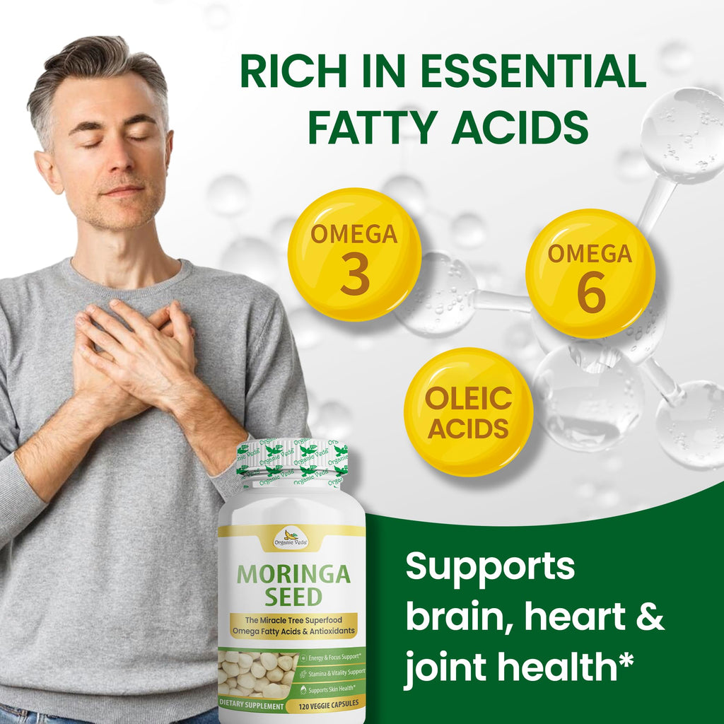 Organic Veda Moringa Seeds Capsules - Omega 3, 6, 9, Powerful Antioxidants, Vitamins, Amino Protein Rich Organic Moringa Seeds for Eating - Moringa Seed Powder Energy & Vitality, 120 Vegan Capsule