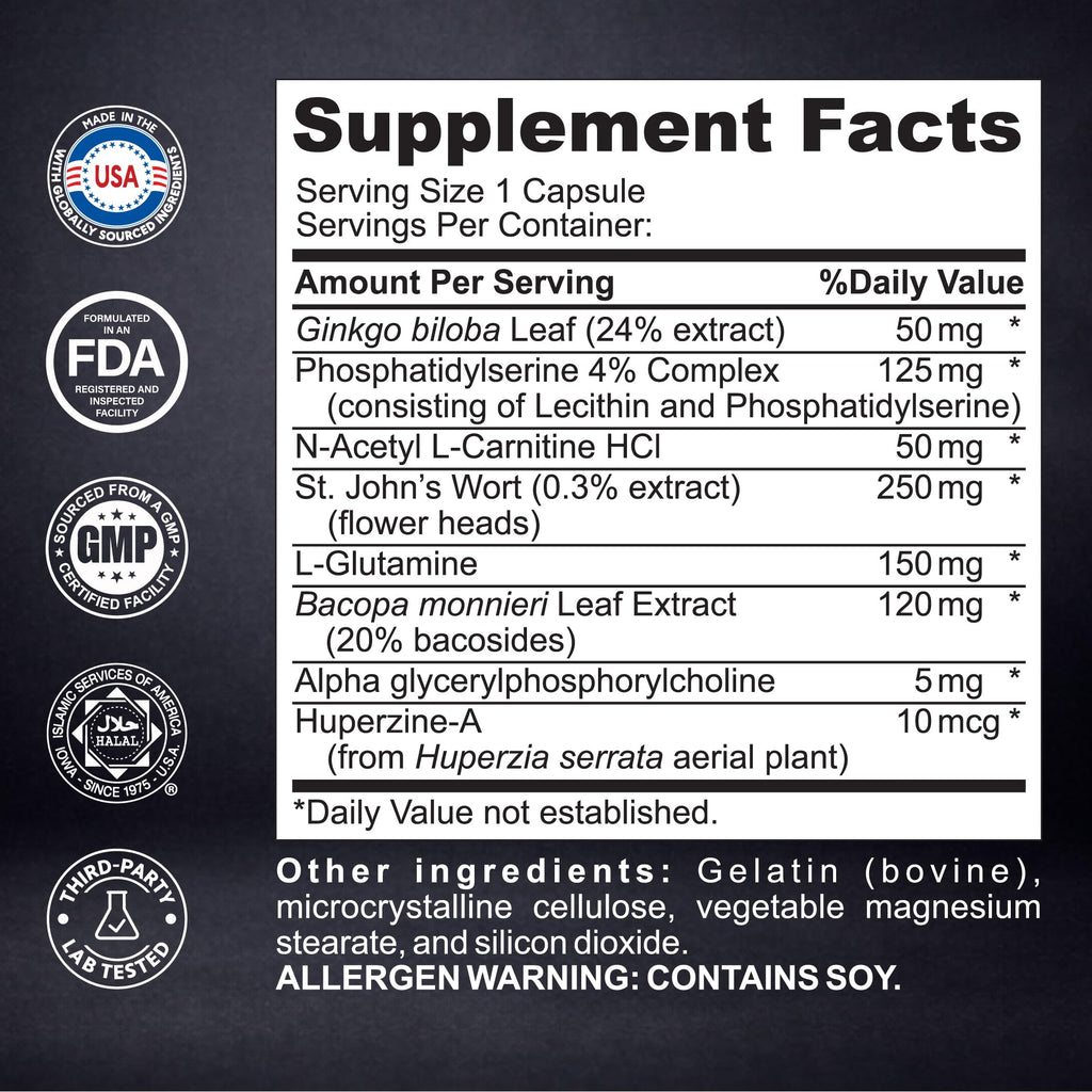 Kaitamin NSF & Eurofins Tested Brain Supplement for Memory & Focus – Nootropic | Ginkgo Biloba, Huperzine A, Bacopa Monnieri, Phosphatidylserine, Caffeine-Free Gelatin (30)