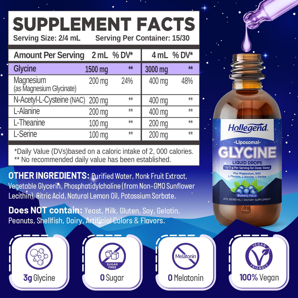 HOLLEGEND Liposomal Glycine Supplements for Sleep, 1.5/3g Glycine Liquid Drops with Magnesium, L-Theanine & L-Serine | Plus NAC & L-Alanine for Liver & Cellular Health, Vegan, Blueberry, 2 Fl Oz