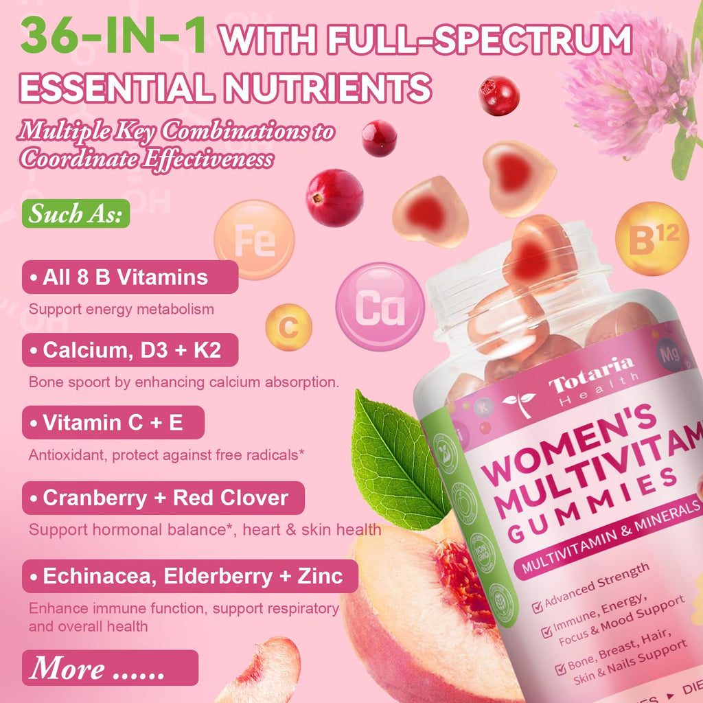 Totaria Sugar Free Multivitamin Gummies for Women 14+ w/Iron, Inositol, Folate, Biotin, Womens Daily Multivitamin Gummy w/Vitamin A, C, B, D3, K2, for Hair, Skin, Energy, Immune, Peach Flavor