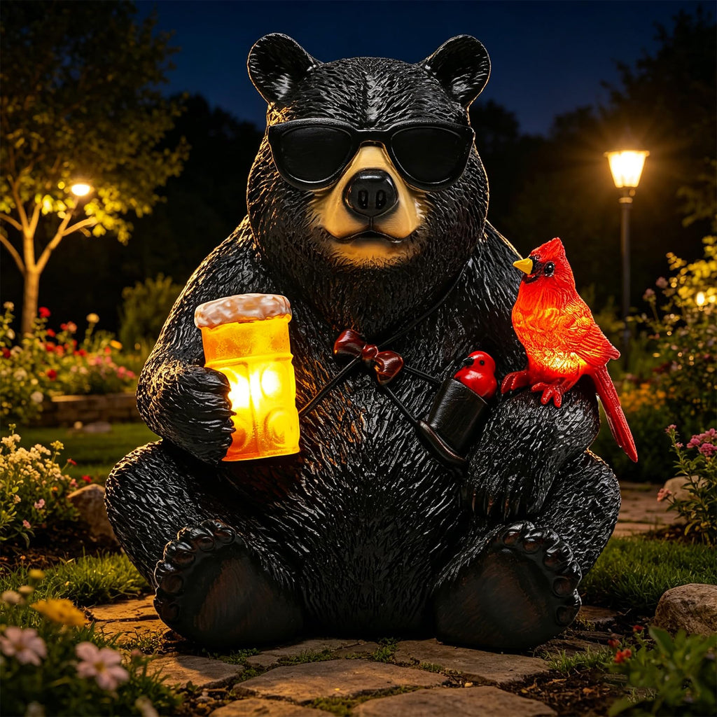 YHSOLAR Solar Black Bear Statue for Garden with Beer and Cardinals