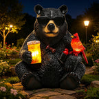 YHSOLAR Solar Black Bear Statue for Garden with Beer and Cardinals