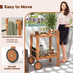 Tangkula Wood Bar Cart, Outdoor Indoor 2 Tier Rolling Serving Cart with Wine Bottle Holders and 2 Rubber Wheels, Bar Table Beverage Drink Cart for Kitchen, Patio, Garden and Poolside, Natural