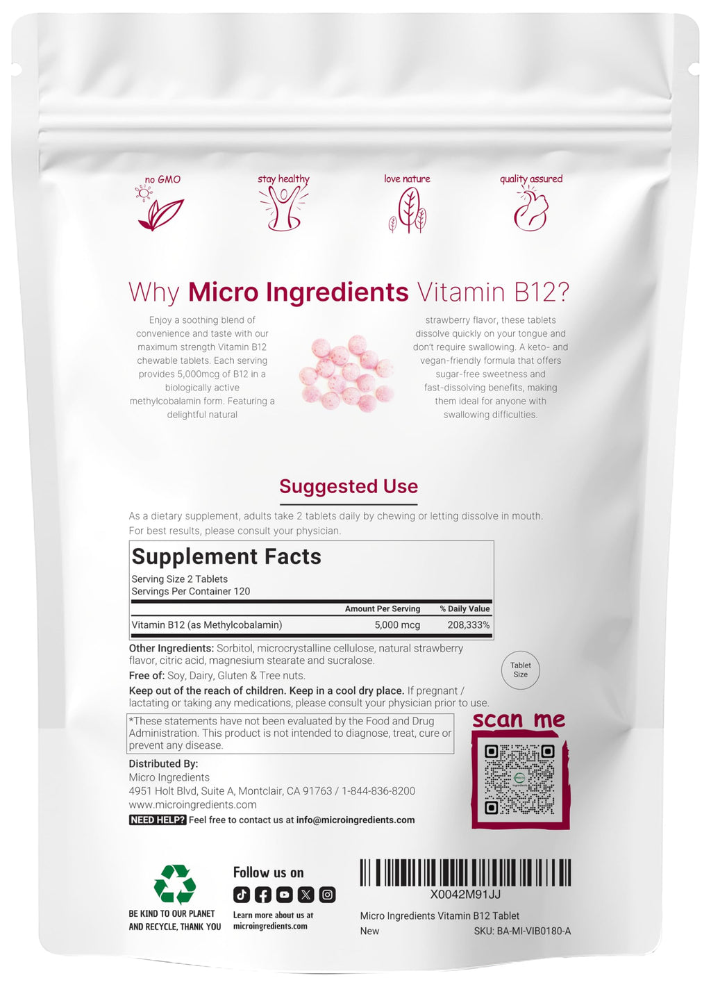 Micro Ingredients Vitamin B12 5,000 mcg | Methylcobalamin – 240 Chewable Tablets | Fast Dissolve, Natural Strawberry Flavor | Vegan, Non-GMO, Gluten Free