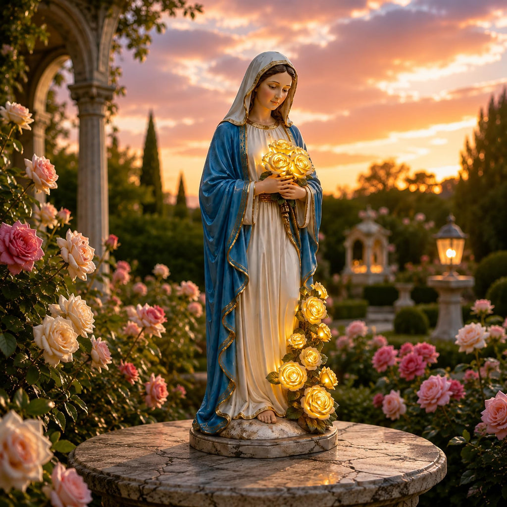 Virgin Mary Solar Garden Statue with Glowing LED Roses, Blessed Mother Outdoor Sculpture for Catholic & Christian Yard Decor, Memorial Gift for Women Mom Grandma (White & Blue, 8.25" × 8.25" × 11.25")