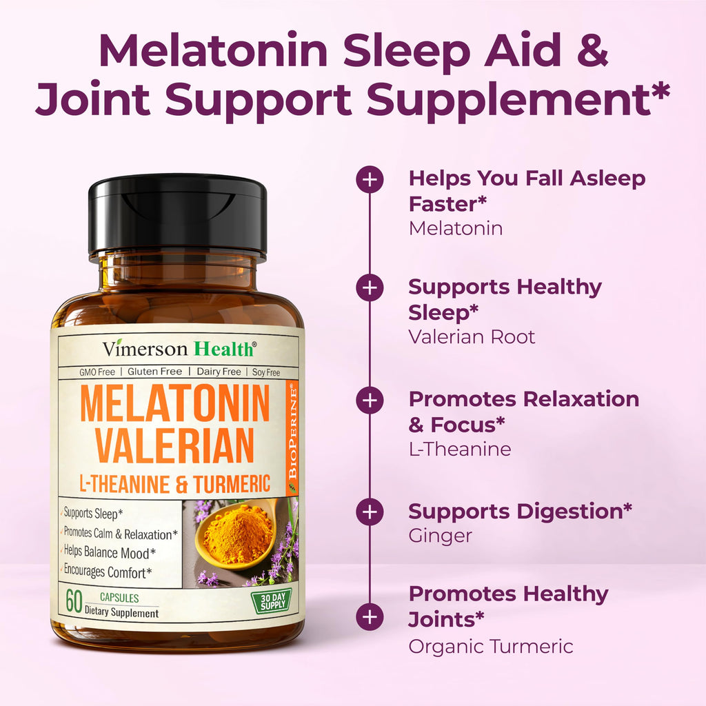 Melatonin 3mg Sleep Aid with L-Theanine & Valerian Root – Turmeric Curcumin Supplement with Ginger & Black Pepper – Organic Turmeric Supplement for Sleep, Calm and Stress Relief Support – 2 Pack