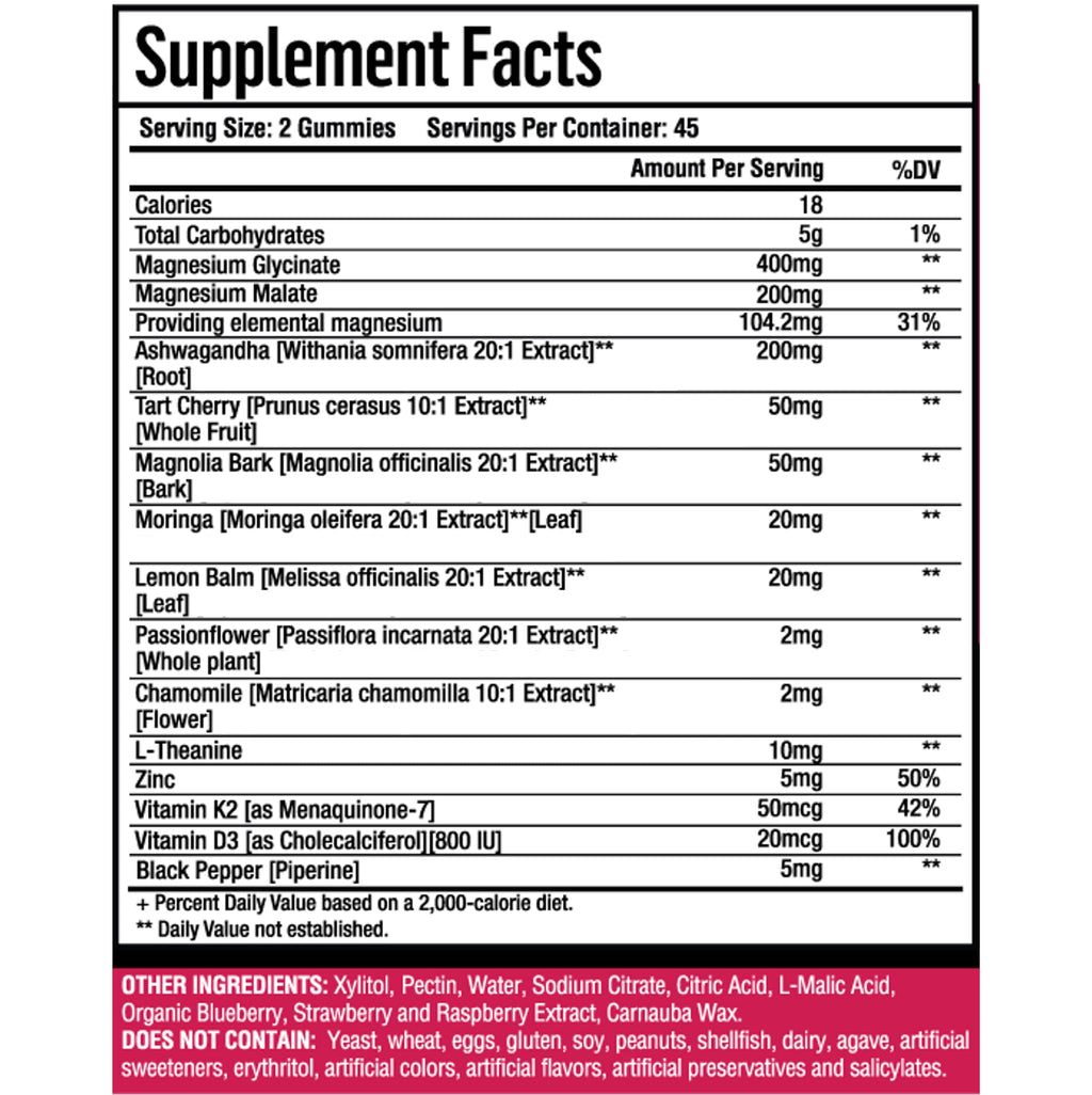 Adndale 90ct 15-in-1 Magnesium Glycinate Gummies 400 mg/serv- with Magnesium Malate, Ashwagandha, Tart Cherry, Magnolia Bark, Lemon Balm, Passionflower, Chamomile, L-Theanine, Zinc, Vitamin K2 & D3