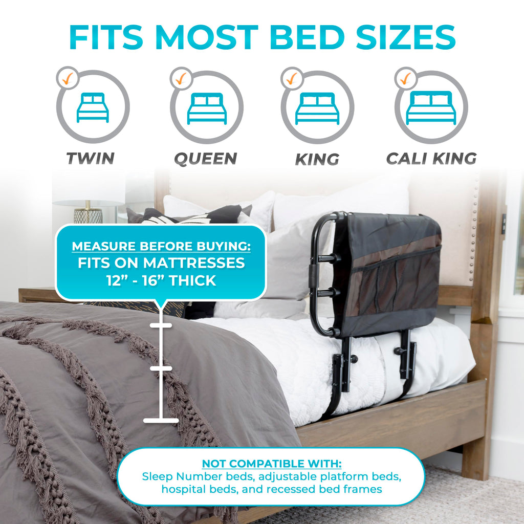 Stander EZ Adjust Bed Rail, Adjustable Senior Bedrail and Safety Assist Railing for Elderly Adults with Organizer Pouch, ASTM Safety Approved Guard-Rail, Black