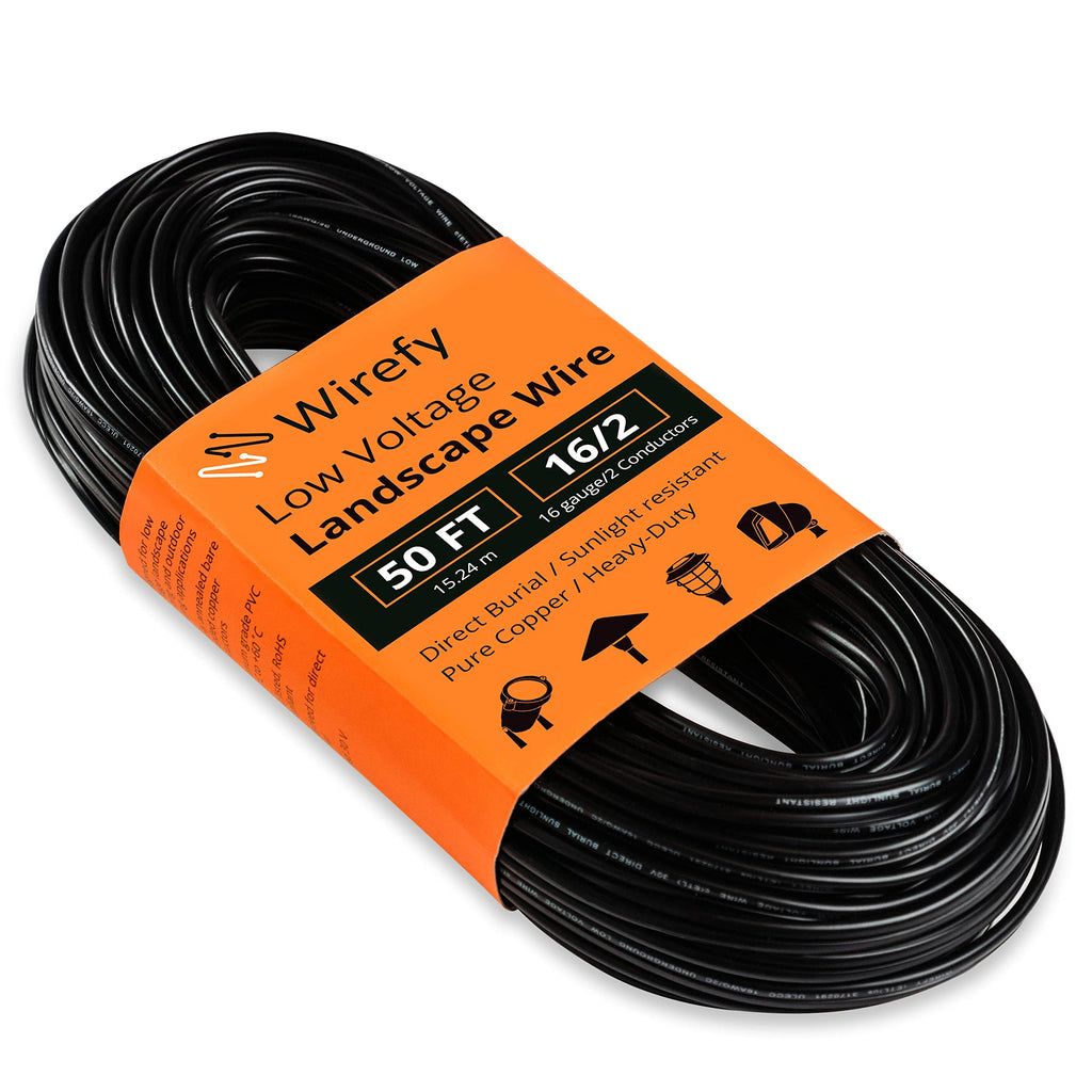 Wirefy 16/2 Low Voltage Landscape Wire 50 ft | Low Voltage Landscape Lighting Wire | Pure Copper | Outdoor Direct Burial | 16-Gauge 2-Conductor 50 Feet