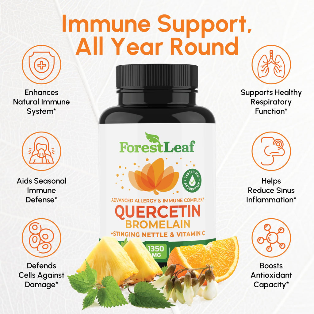 ForestLeaf Quercetin with Bromelain - 1350mg Blend with Vitamin C & Stinging Nettle, Advanced Quercetin 500mg Supplement, Non-GMO Gluten Free, Natural Immune & Respiratory Function 180 Veggie Capsules