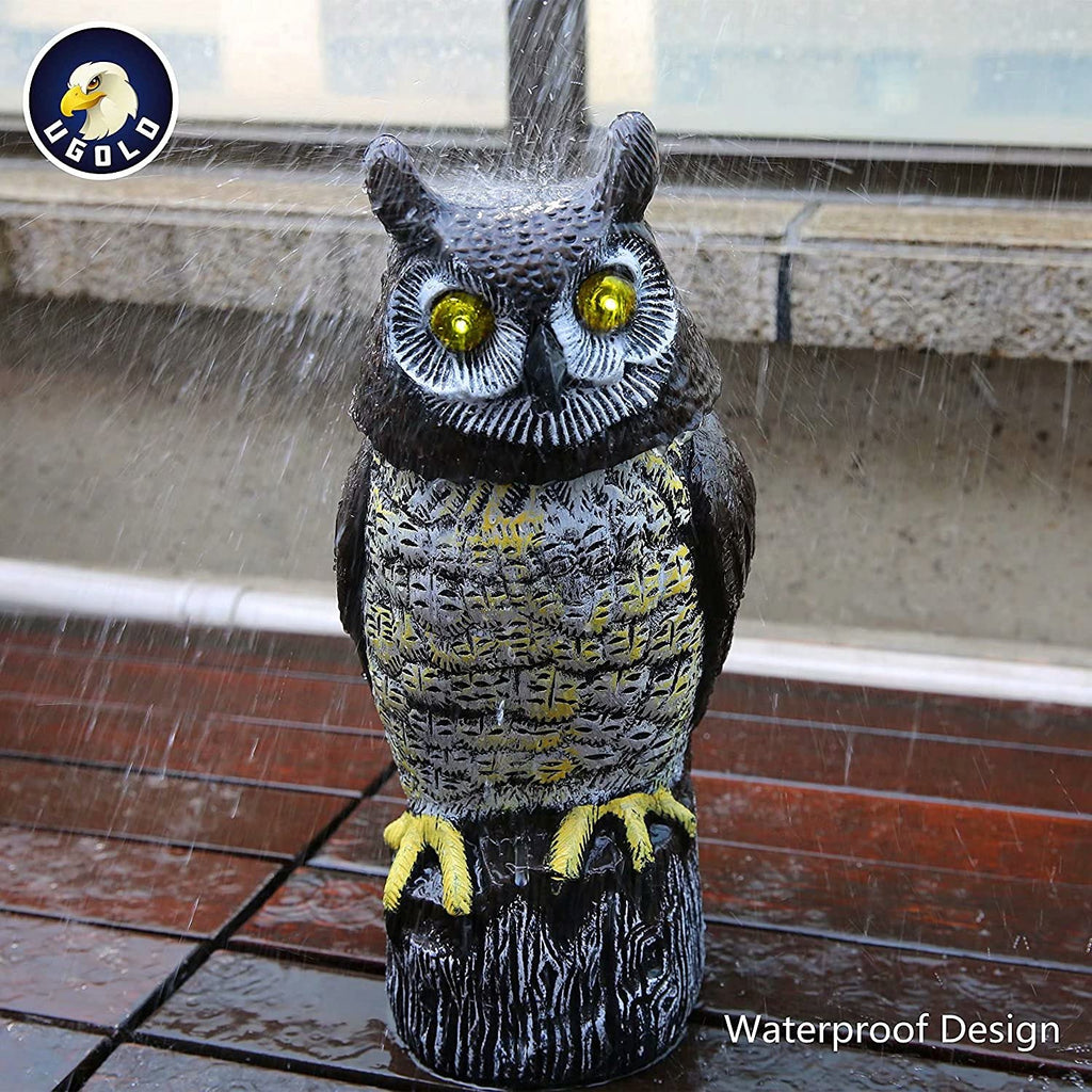 Ugold Solar Powered Owl with Motion Detection, Silent Mode, Flashing Eyes, Rotatable Head and Realistic Hoots, Plastic Owl Decoration for Home, Garden, Patio and Fence
