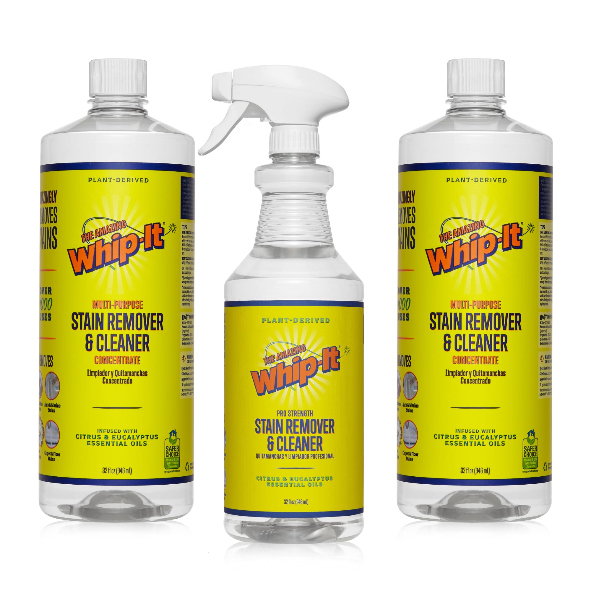 Whip-It Stain Remover and Concentrate Kit, 2-32oz Concentrates & 1-32 OZ Pro Spray Stain Remover, Makes 64 Bottles, Removes Coffee, Wine, Baby Stains, Pet Stains, Plant Based, Enzyme Cleaner, 500 Uses