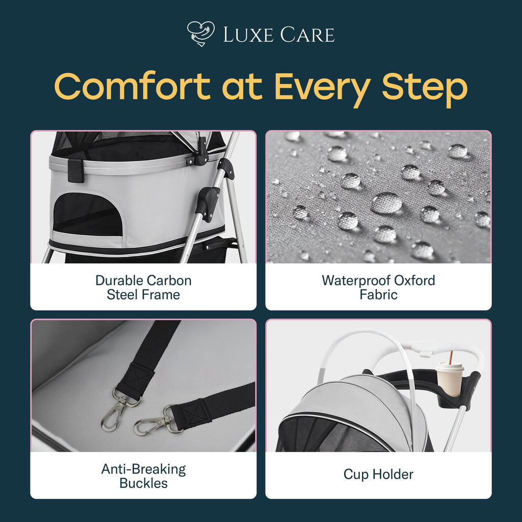 LUXE CARES 4 Wheel Foldable Pet Stroller - Lightweight Dogs and Cats Stroller Upto 50lbs with Mesh Canopy, Storage Basket and Cup Holder, Durable for Walks and Outings (Medium)