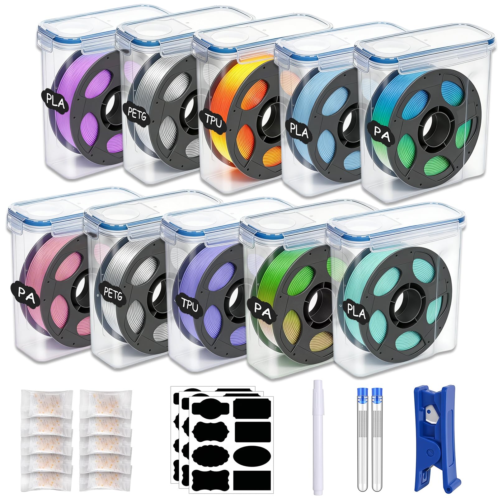 Bestery Filament Storage Box - 10 Pack for 3D Printer Filament Container with Desiccants, 0.4mm Nozzle Cleaning Needles and Tube Cutter, Sealing and Protection for 1.75mm Filament