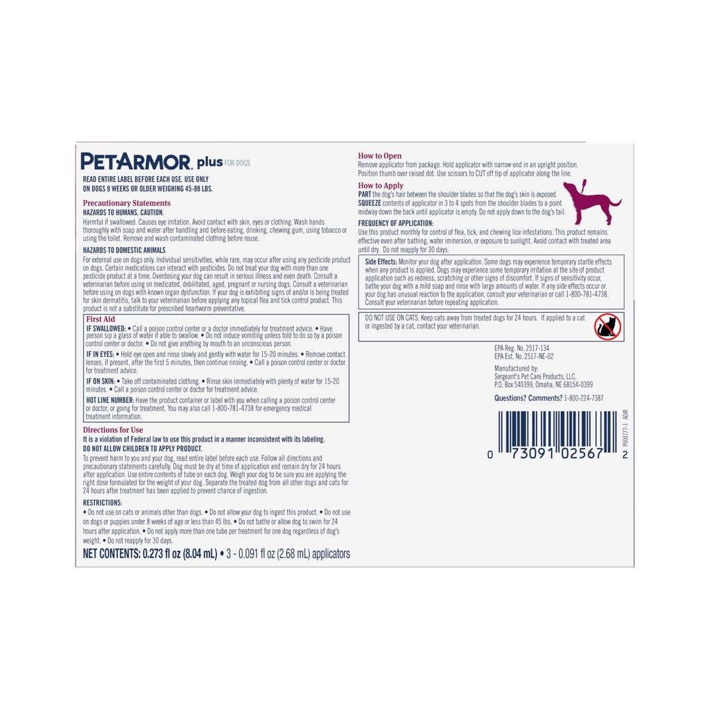 PetArmor Plus Flea & Tick Topical Dogs 45-88 lbs, 6-Month