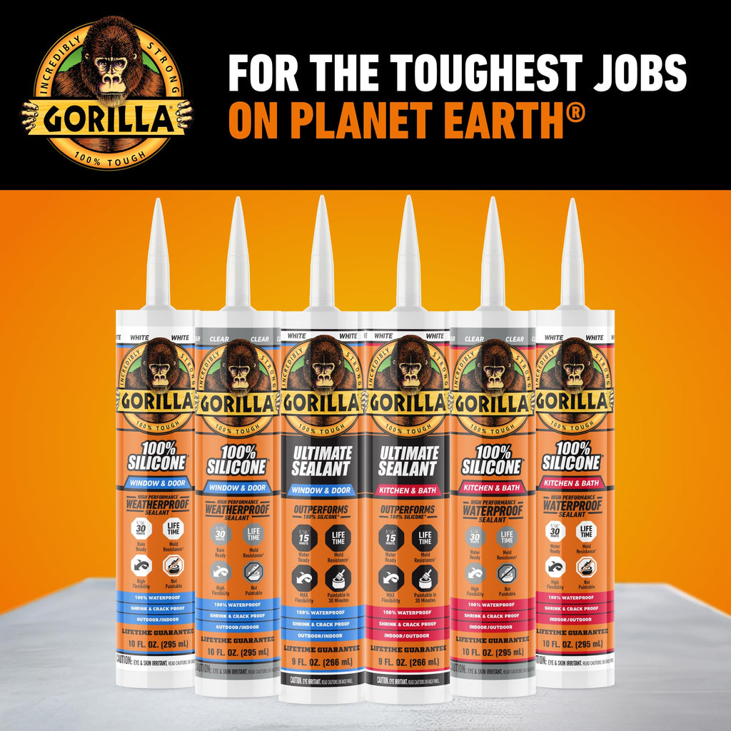 Gorilla 100% Silicone Caulk, Kitchen & Bath Sealant, 10oz Cartridge, Clear