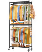 Sakugi Clothes Rack - 33.0" x 12.2" x 79.5" Clothing Rack with Shelves & Wheels, Multi-Functional Wardrobe Closet with Hooks, Sturdy Metal Garment Rack for Bedroom, Laundry, Balcony (Black)