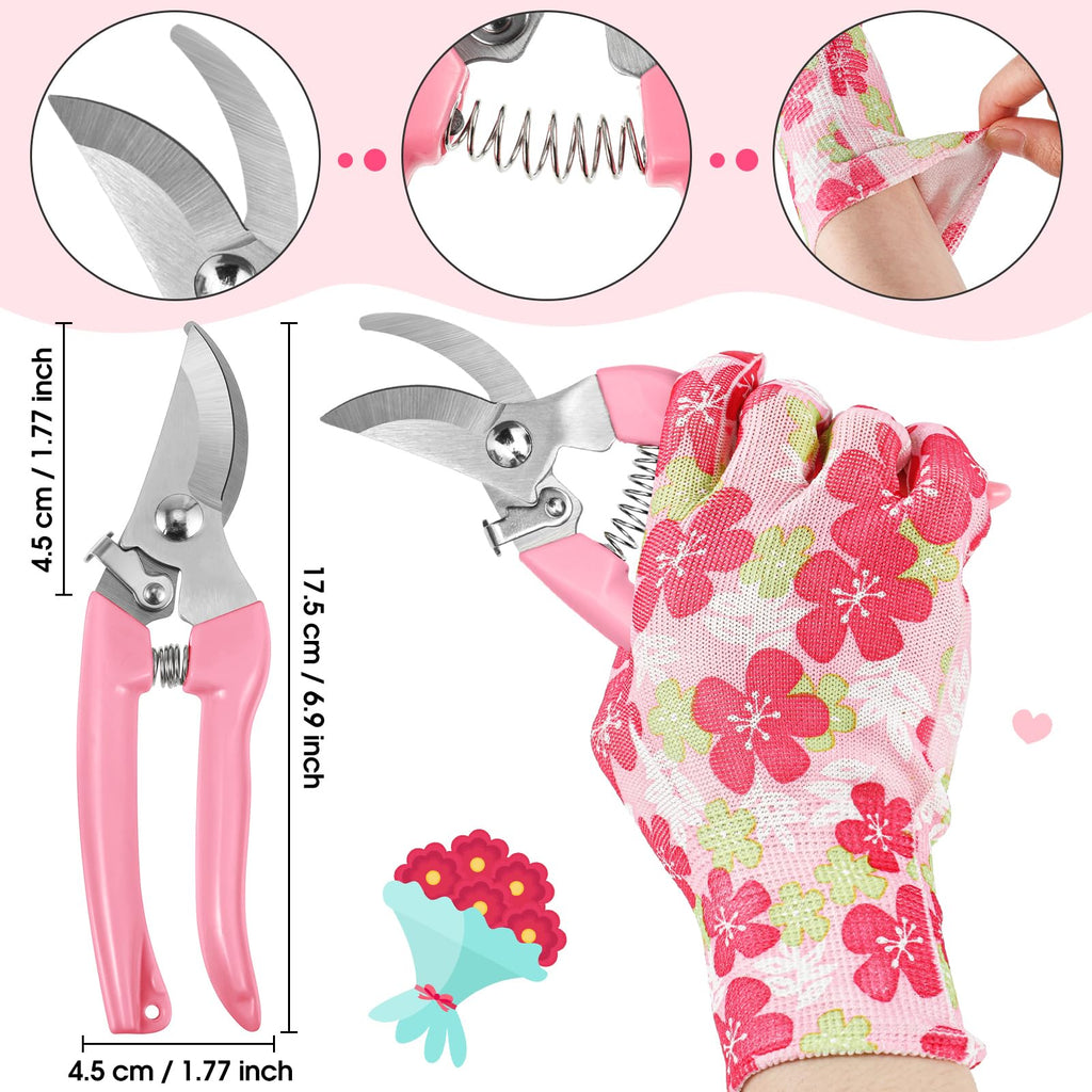 14 Pcs Mother's Day Rose Stripper Thorn Remover Tool Garden Pruning Shears Scissors Kit Leaf Stripping Tool Floral Gloves and Floral Tape Flower Stripper Kit Gift for Wedding Outdoor Gardening(Pink)