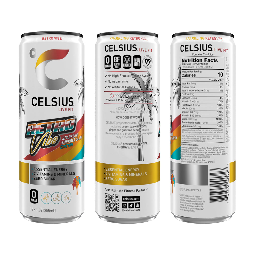CELSIUS RETRO VIBE Sparkling Sherbet Slush, Sugar Free Energy Drink, 12 Fl Oz (Pack of 12)