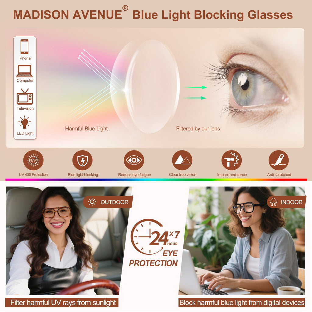 Madison Avenue Retro Aviator Blue Light Blocking Glasses for Women Men with Case, Trendy Rectangle Computer Eyeglasses Brown