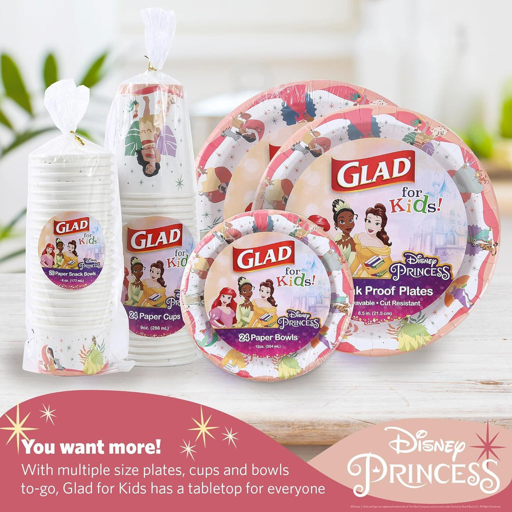 Glad for Kids Disney Princess Disposable Paper Cups for Bathroom Use and Parties Heavy Duty Soak Proof Paper Cups for Kids Colorful Princess Designs 9 Ounce 24 Count 10 Pack Fun Kids Drinkware