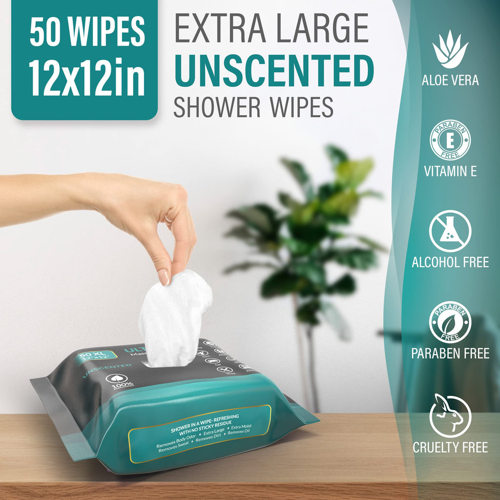 Pure Active XXL Adult Wipes for Elderly, No Rinse Hygiene Wipes for Shower, Travel, and Camping, 12x12 Unscented 50 Pack