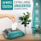 Pure Active XXL Adult Wipes for Elderly, No Rinse Hygiene Wipes for Shower, Travel, and Camping, 12x12 Unscented 50 Pack