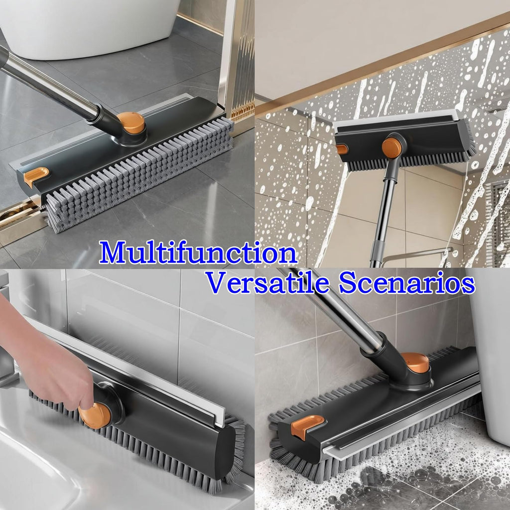 ARAINY 4 in 1 Floor Scrub Brush with Squeegee Long Handle Grout Brush 52'' 2026 New Multi-Functional Stiff Bristle Cleaning Scrub Brush Rotating Tile Brush for Cleaning Bathroom Patio, Pool, Garage