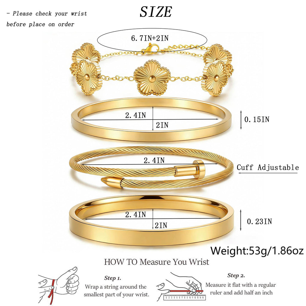 ISELBDR 18K Gold Bangle Bracelets for Women - Stackable Clover & Nail Love Bangle Set - Non-Tarnish Jewelry for Birthday Valentine's, Mother's Day & Christmas (Gold-A)