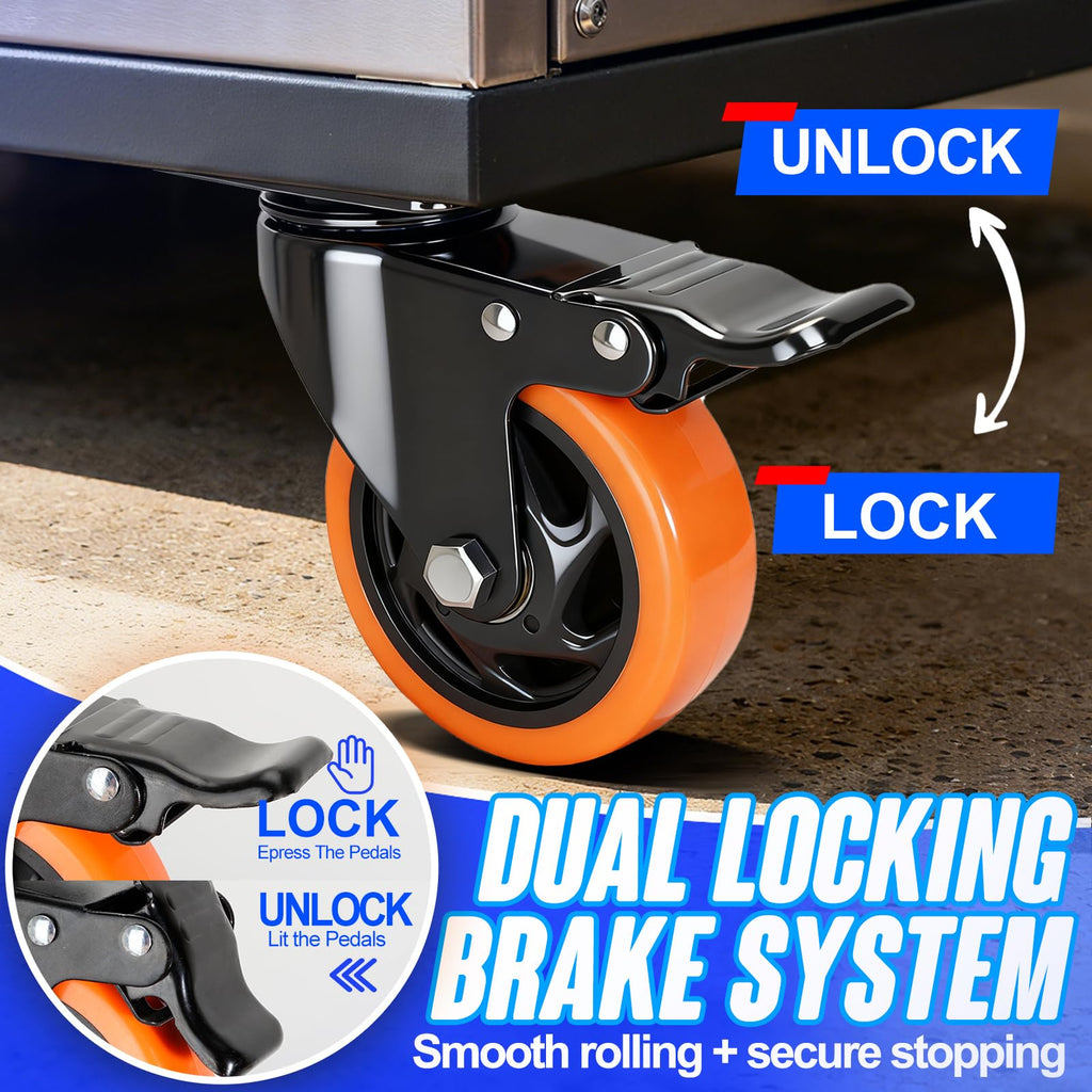 Caster Wheels, 4 Inch Caster Set of 4, Dual Locking PU Casters 2400LB, Swivel Casters for Furniture, Workbench & Tool Cart – Quiet, Floor Safe, Smooth Rolling