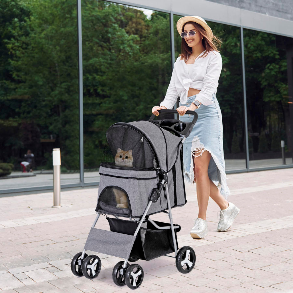 LEMY Pet Stroller, 4 Wheels Dog Cat Stroller with Storage Basket&Cup Holder,Grey Folding Dog Cat Cage Jogger Strollers for Small Medium Dogs Cats Travel