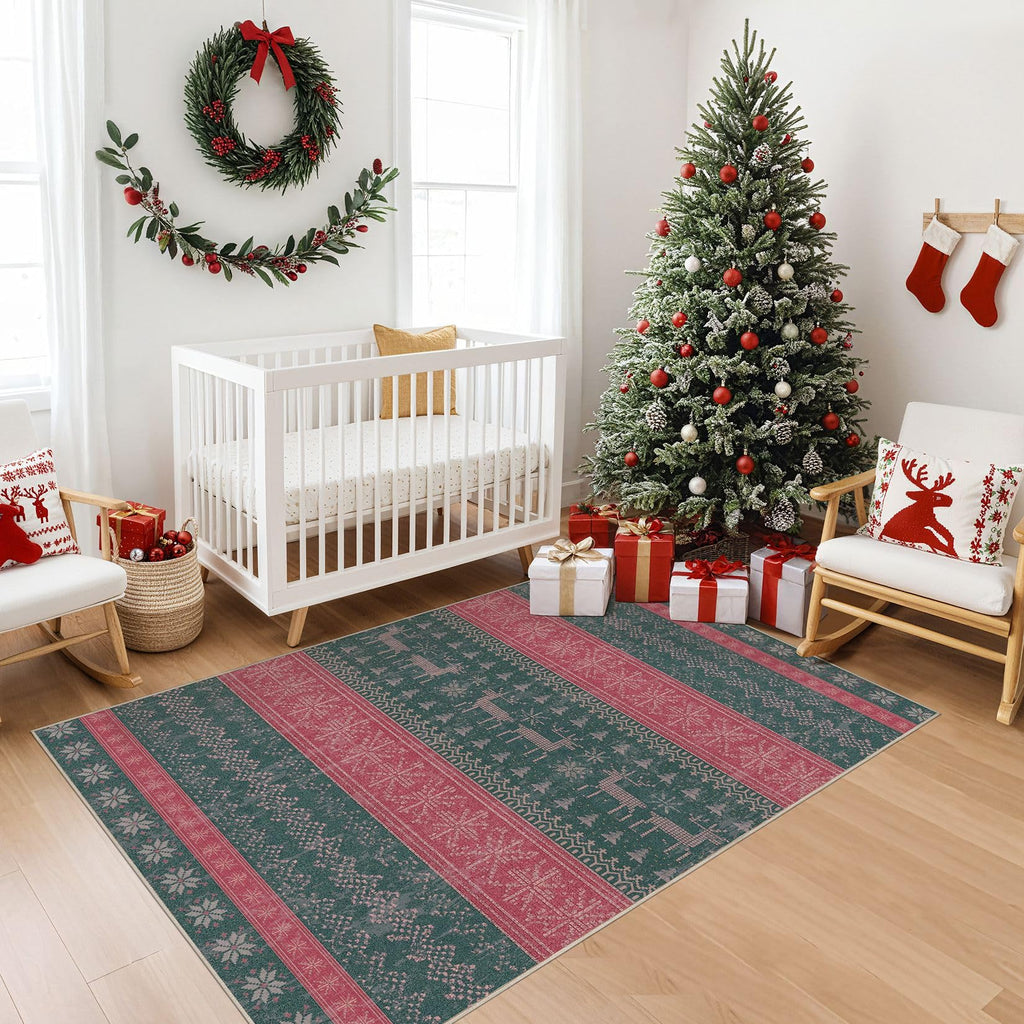 Nakagishi Area Rug Living Room Rugs: Christmas 3x5 Machine Washable Boho Large Neutral Farmhouse Stain Resistant Moroccan Indoor Floor Carpet for Bedroom Nursery Dorm Classroom Dining Room Home