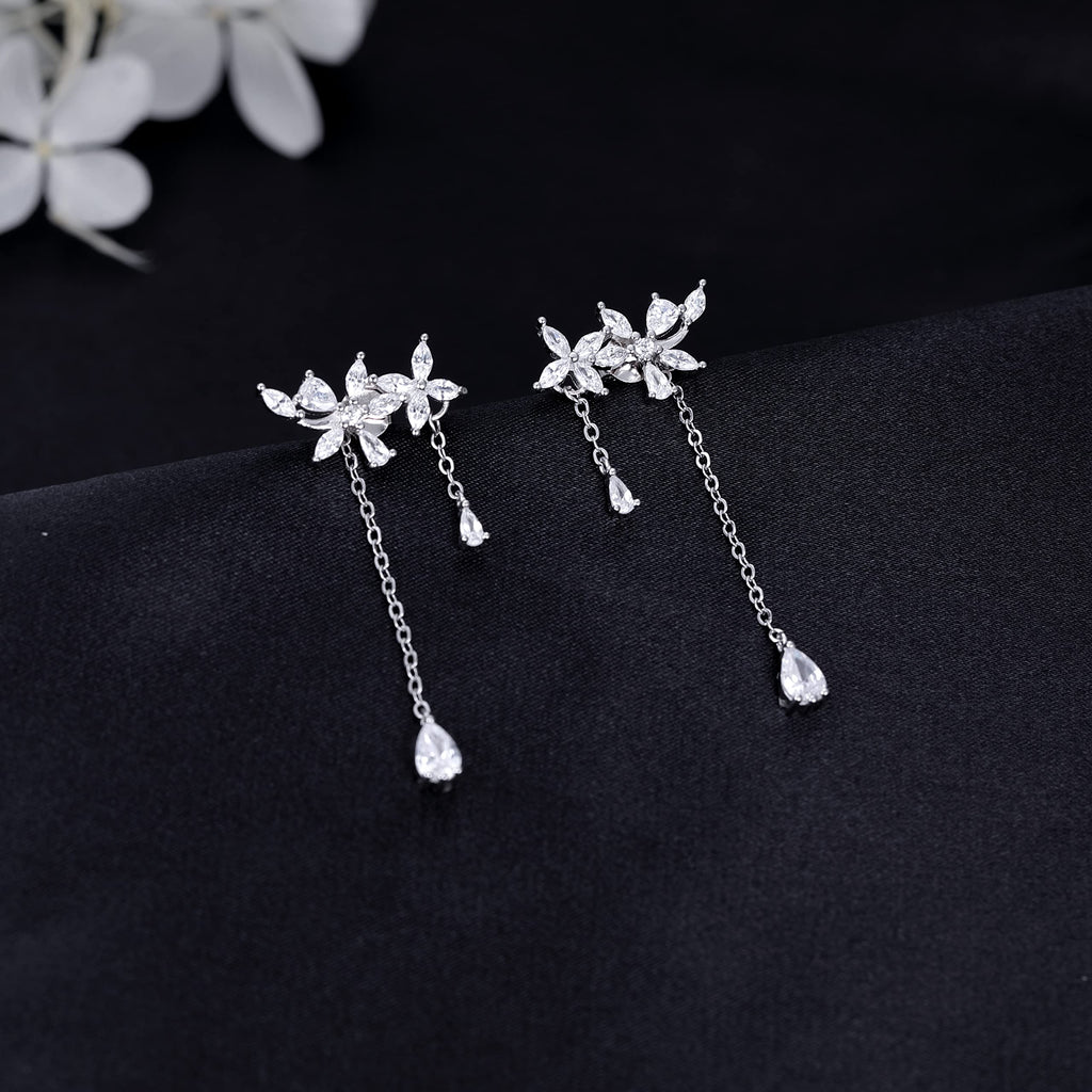SLUYNZ 925 Sterling Silver Dainty CZ Flowers Wrap Earrings Dangle Chain for Women Elegant Bridal Wedding Earrings Engagement Drop (A-Silver)