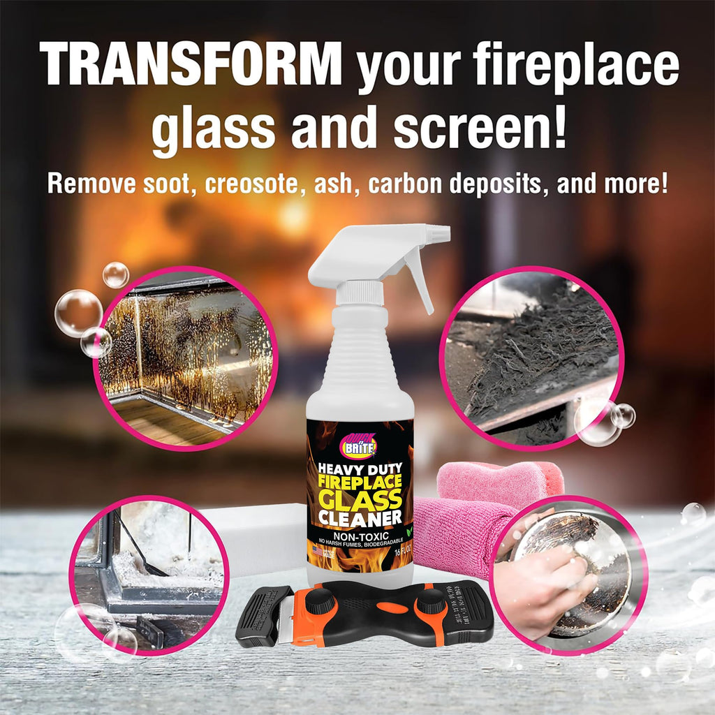 Quick 'n Brite Fireplace Glass Cleaner Kit – Heavy-Duty 16oz Cleaner with Scraper Tool, Melamine & Scrubber Sponges, Microfiber Towel – Glass, Wood Stove & Fireplace Door Cleaning - Made in the USA
