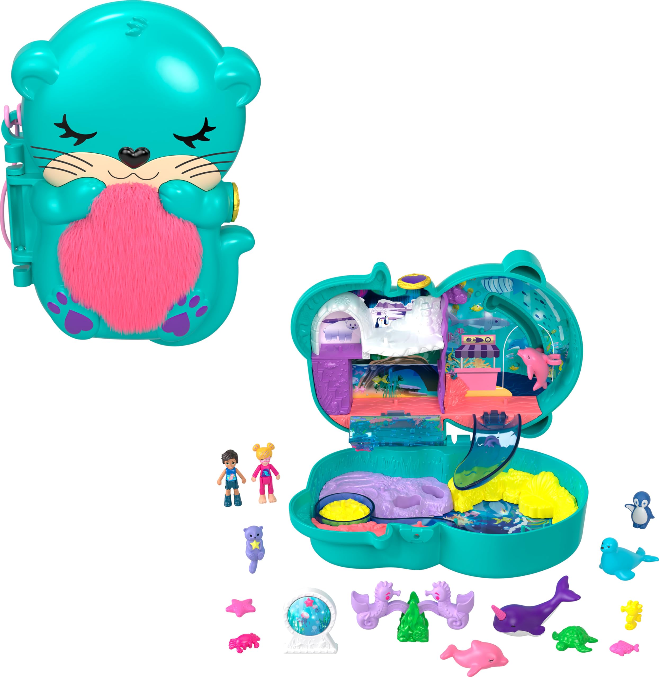 Polly Pocket Otter Aquarium Compact, Aquarium Theme with Micro Polly & Nicolas Dolls, 5 Reveals & 12 Accessories, Pop & Swap Feature, Great Gift for Ages 4 Years Old & Up