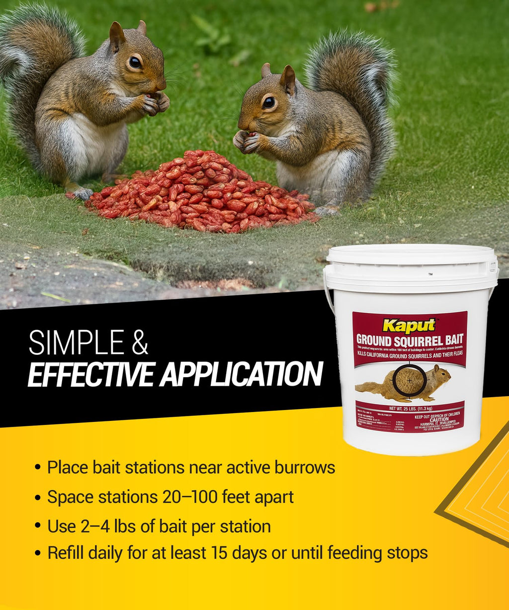 Kaput Ground Squirrel Bait - Effective Fleas & Squirrel Killer with Diphacinone & Imidacloprid - Targeted Pest Control for Outdoor Use, (25 lbs)