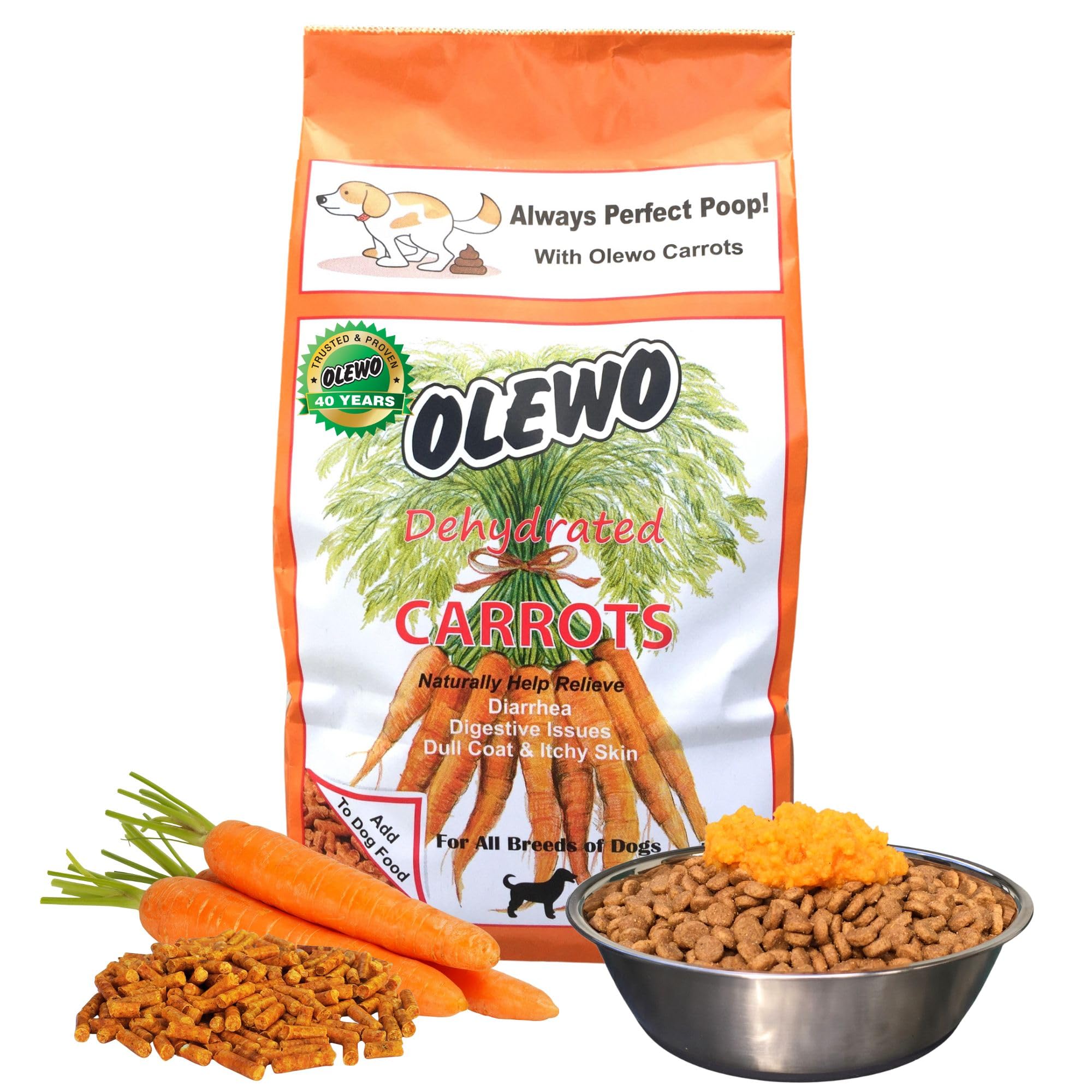 Olewo Carrots Digestive Dog Food Supplement, effective dog diarrhea relief for over 35 years, adds natural source vitamins to any dog food to promote overall health, 1-ingredient, non-GMO product, Made in Germany, 2.2 Pounds