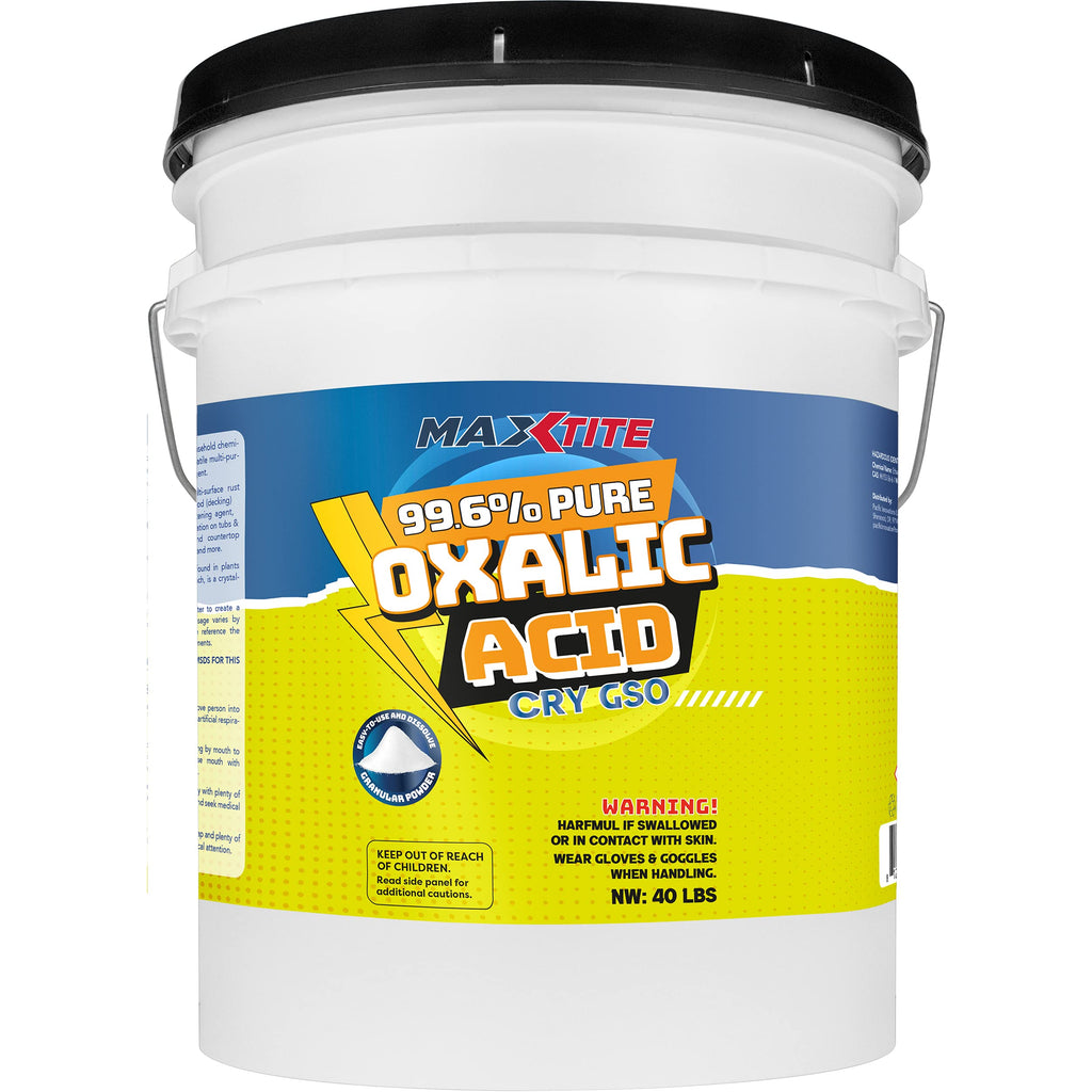 MAXTITE Oxalic Acid (40 lbs) 99.6% Pure - Metal & Wood Cleaning and Bleaching, Rust Removal (C2H2O4) - Heavy-Duty Pail with Easy-Open Lid