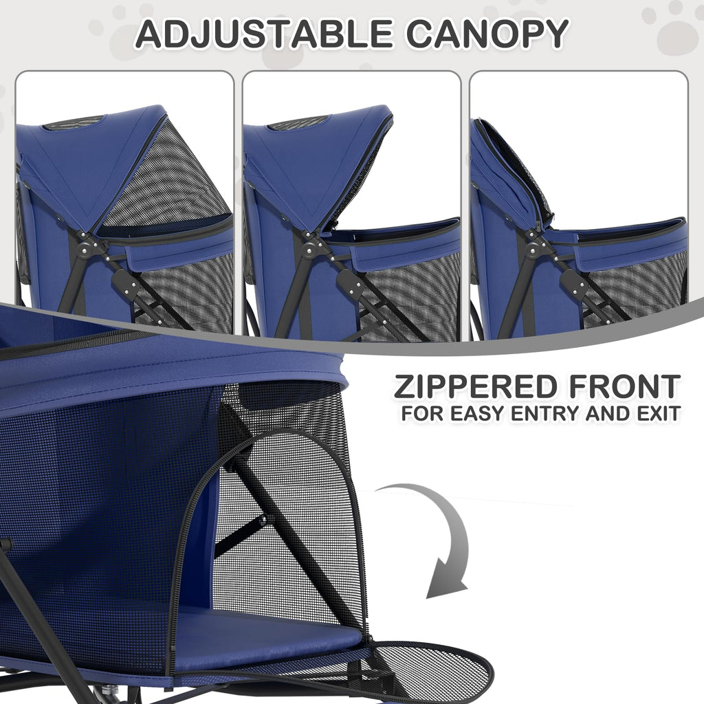 MoNiBloom 4 Wheels Pet Stroller, Easy-Fold Puppy Cage Jogger Stroller with Sun Cover, Pad and Rear Storage Bag, Breathable and Visible Mesh for Small/Medium Pets up to 22 lbs, Navy Blue