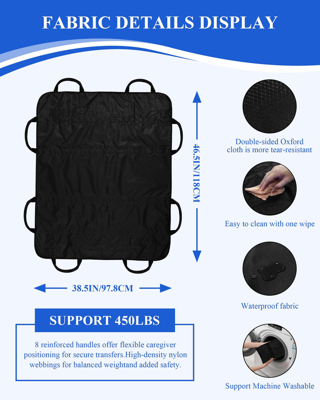 SPRING SEAON Patient Positioning Bed Pad with Handles – Transfer & Slide Sheet for Elderly Care, Waterproof Washable Draw Sheet for Hospital or Home Use, 46.5" x 38.5", 450 LBS Support,Black