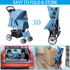 4 Wheels Pet Stroller, Foldable Dog Cat Stroller for Small Medium Dogs Cats, Travel Carrier with Storage Basket and Cup Holder, Waterproof and Lightweight (Blue)