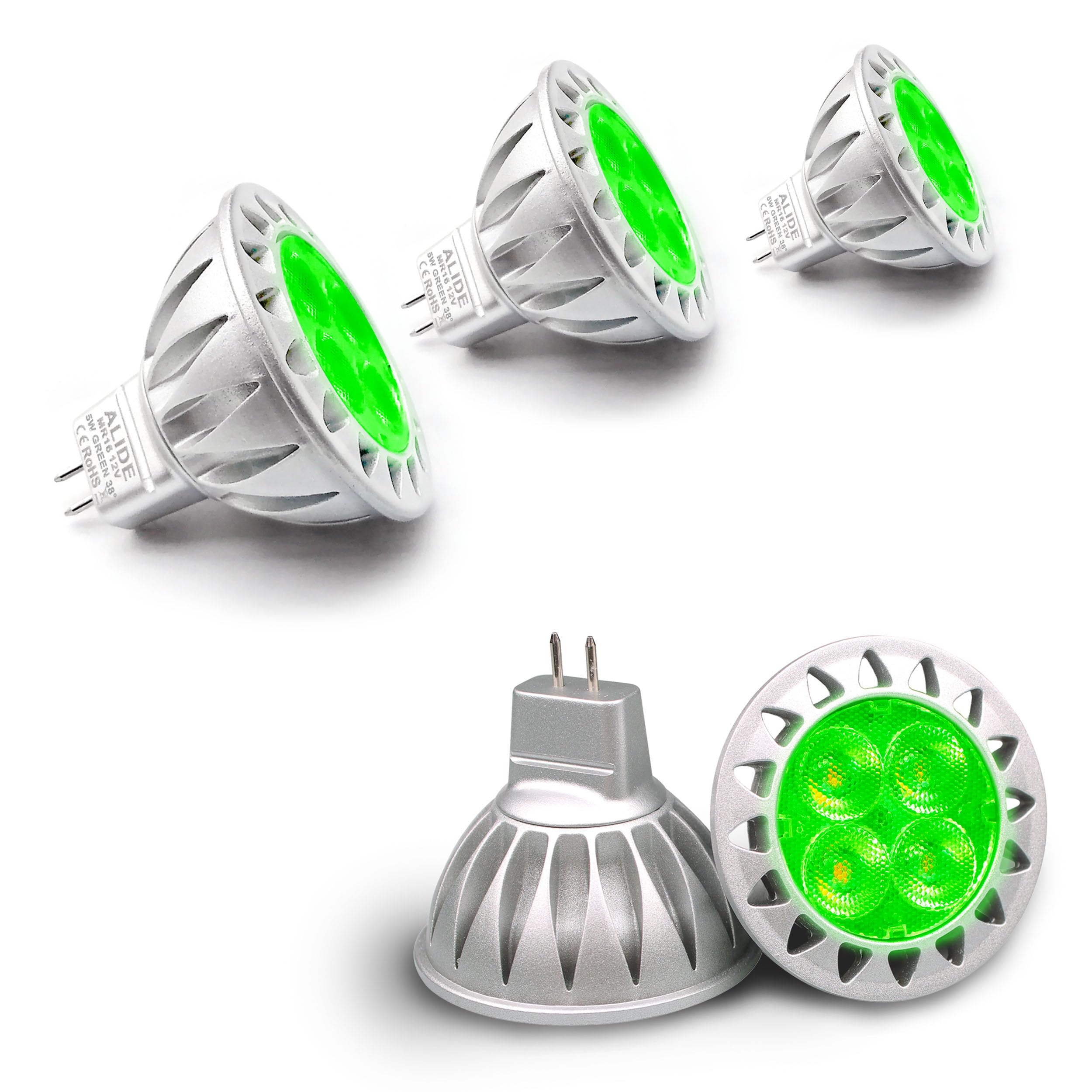 ALIDE Green MR16 GU5.3 Led Bulbs 5W,20W 35W 50W Halogen Equivalent,12V Low Voltage MR16 Led Green Bulb Spotlights for Outdoor Landscape Yard Garden Tree Pool Holiday Christmas Lighting,38 Deg,3 Pack