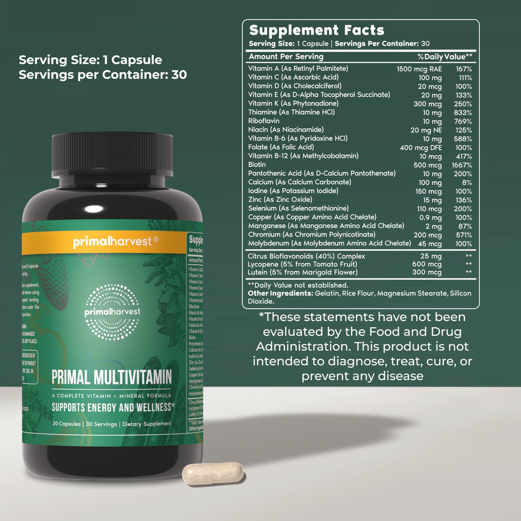 Primal Harvest Primal Multivitamin - Daily Multi-Vitamin Supplement with 21 Essential Vitamins & Minerals for Women & Men - Vitamin A, C, D, E, B12, B6, Biotin, Folic Acid, Zinc, Copper & Selenium