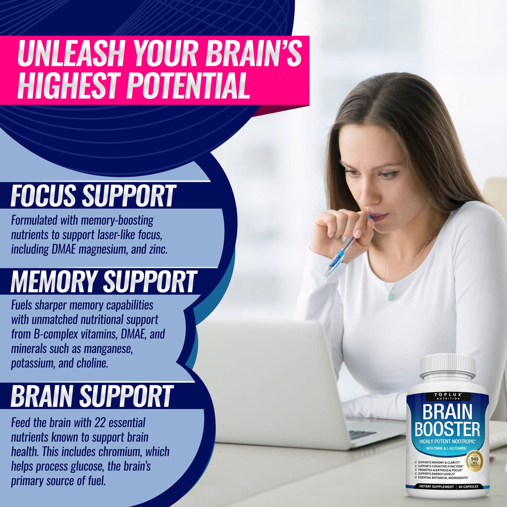 Toplux Brain Supplement Nootropic – Brain Pills Vitamin with DMAE, Bacopa Monnieri, L-Gutamine, for Men Women, 60 Capsules, Nutrition