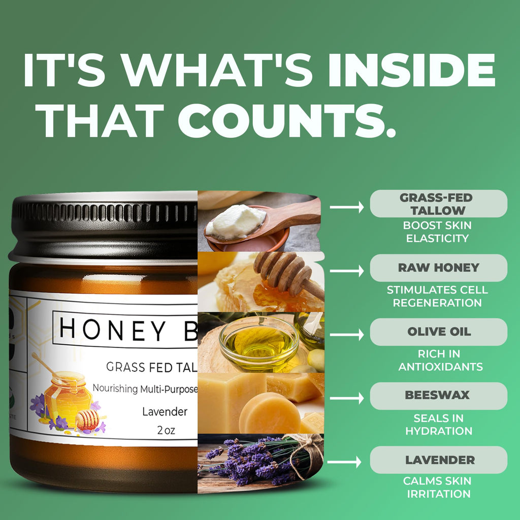 Really Good Blends - Tallow Honey Balm, Organic Body Butter, Grass-Fed Beef Tallow for Skin, Soothing All-Natural Moisturizer for Body and Face | Made in USA - 2 oz (Lavender)